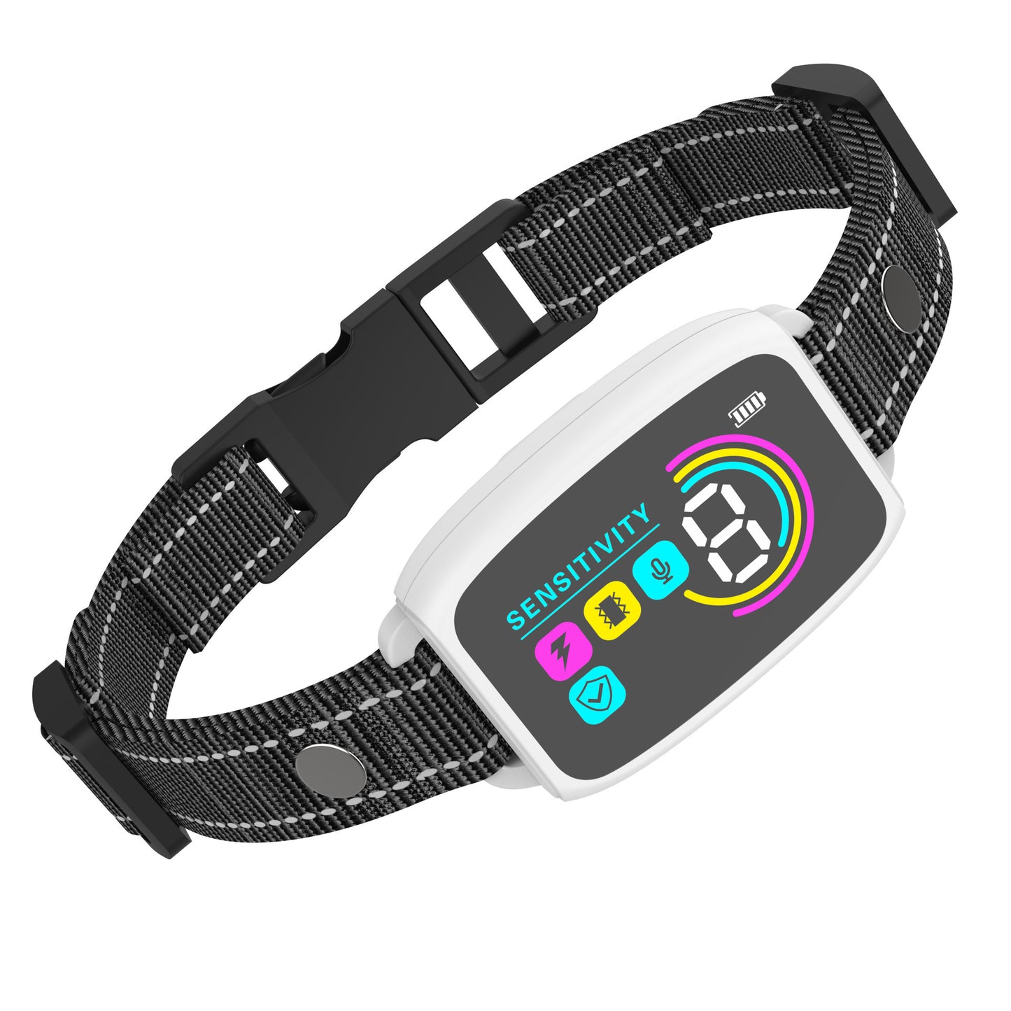 An image featuring a smart anti-bark dog collar with a LCD display shown on the left side, and a dog wearing the collar on the right side. The text on the image promotes the collar as a 'Smart Waterproof Rechargeable Training Tool for Dogs'.