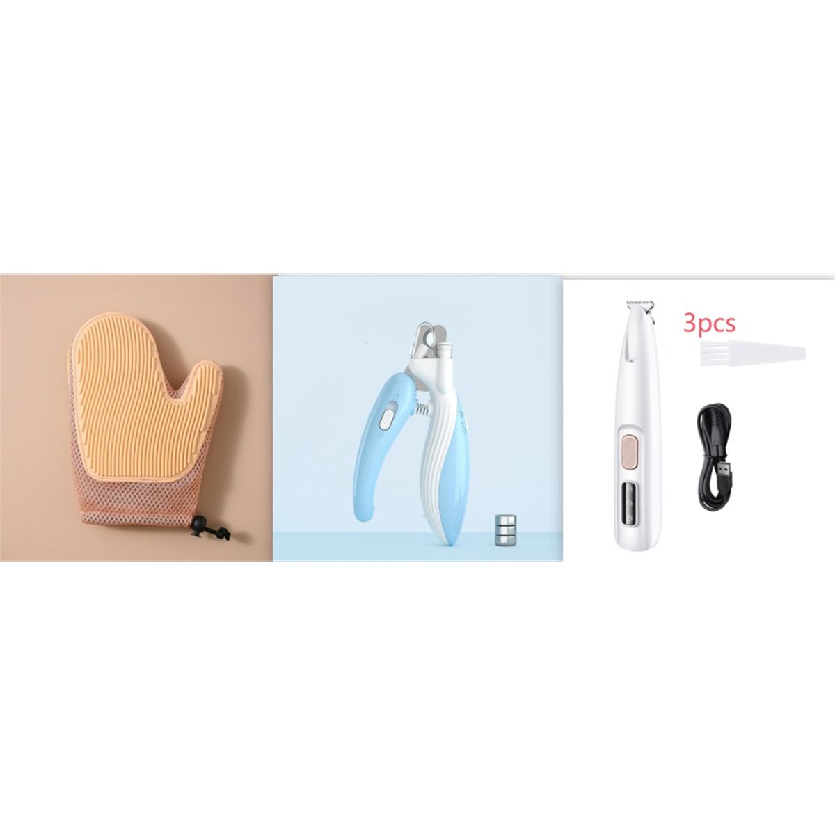 A pet paw trimmer with LED display, highlighted features such as LED auxiliary lighting, wide blade, and ability to trim multiple parts of the pet's body. The device is shown in a vertical position with a white color finish.