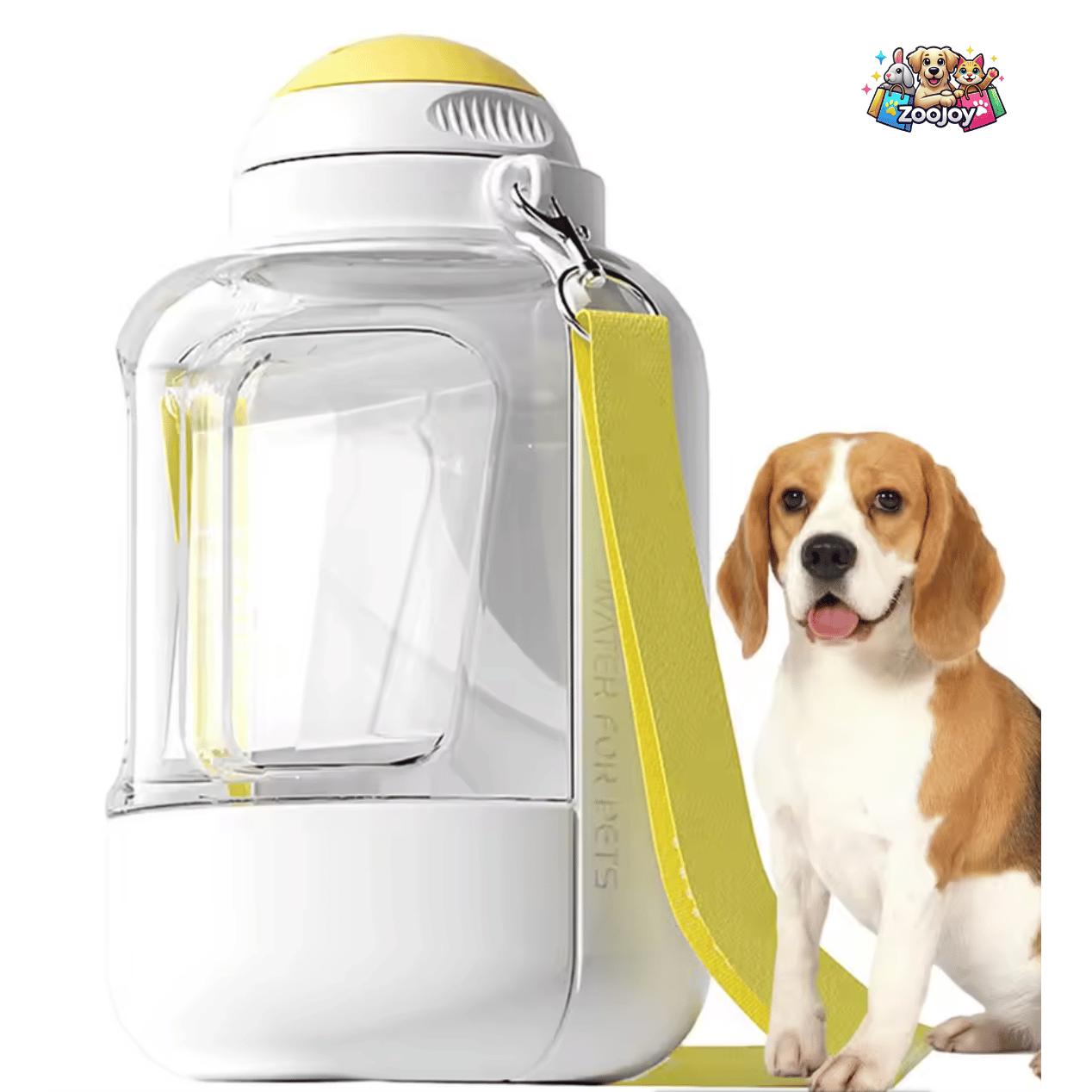 Pet water bottle with yellow cap and strap, next to a dog on a white background, featuring the ZooJoy brand.