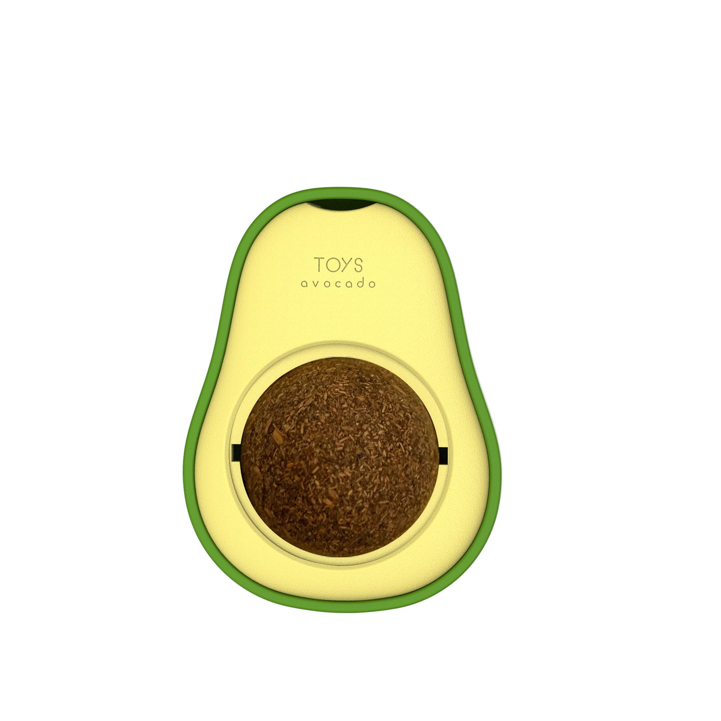 Interactive cat toy designed as a green avocado with a black and green catnip ball in the center, with a small orange kitten beside it.