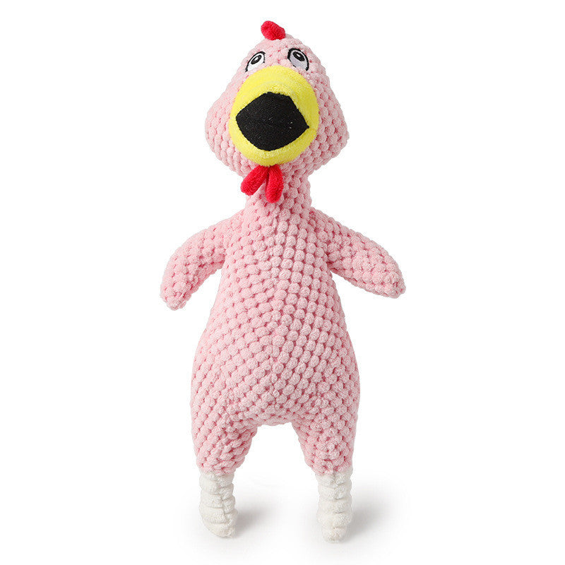 Pink knitted chicken toy on a white background