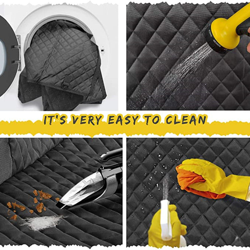 Waterproof quilted dog car seat cover being cleaned — washable, vacuum-friendly, and easy to wipe with a cloth or hose.