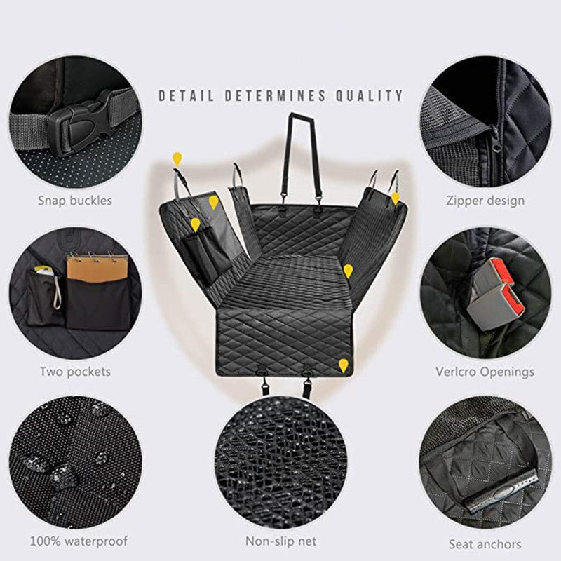 Dog car seat cover with snap buckles, zipper design, Velcro openings, waterproof fabric, non-slip net, seat anchors, and storage pockets — durable and secure travel protection.
