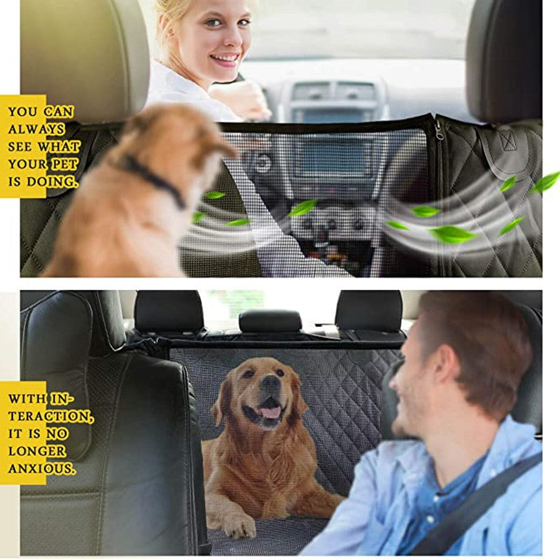 Dog sitting on waterproof car seat cover looking at owners through breathable mesh window — safe, visible, and relaxed during travel.
