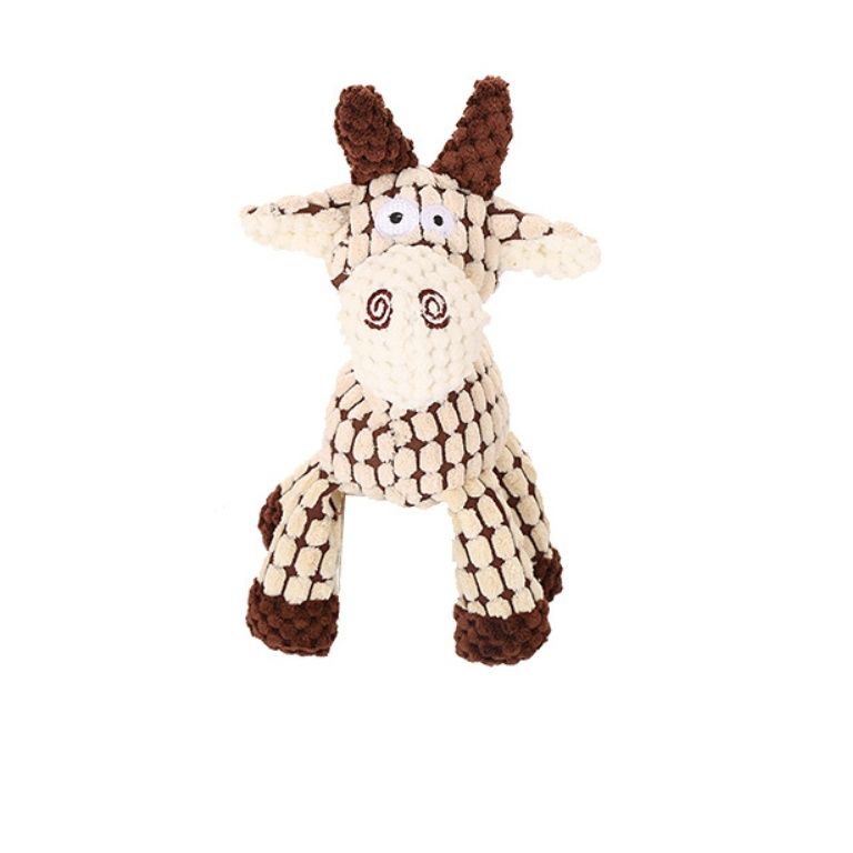 Dog toy shaped like a giraffe with brown and beige pattern on a white background