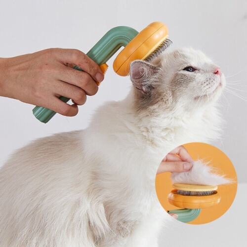 A hand holding a pumpkin-shaped pet grooming brush with a green handle and orange bristles, being used on a white cat. There's also an inset image showing the brush being used to remove pet hair from a surface.