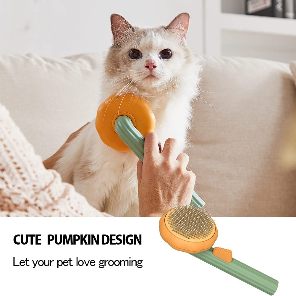 White long-haired cat being brushed with pumpkin design pet grooming brush, comfortable self-cleaning comb for cats and dogs