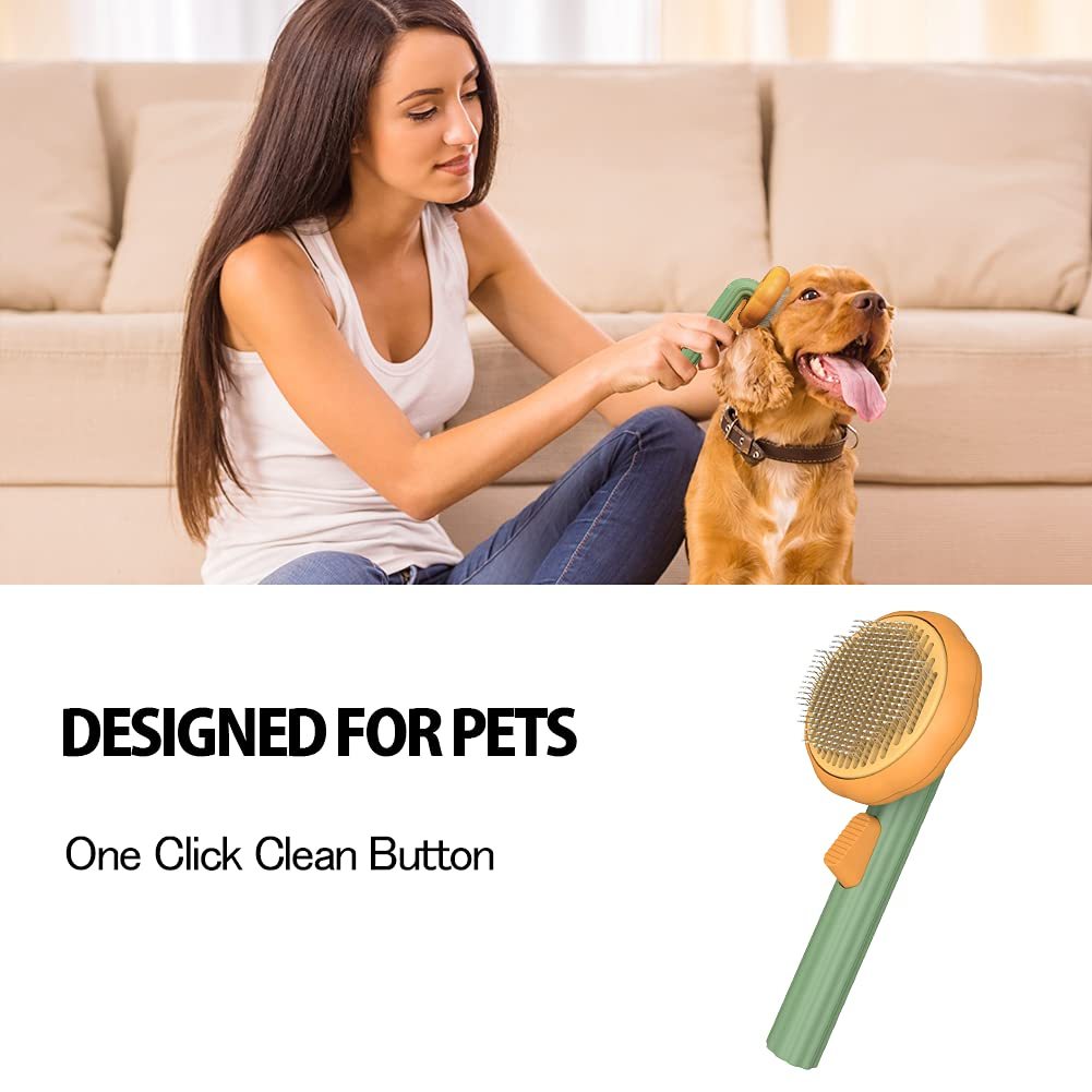 Woman brushing golden retriever dog with pet grooming brush, one click clean button design for easy hair removal