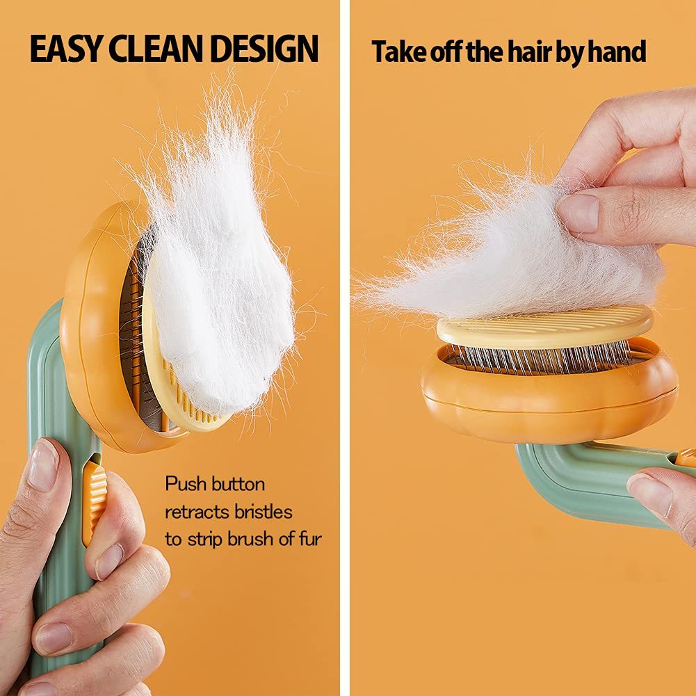 Pet grooming brush with easy clean design, push button retracts bristles and allows hair removal by hand for cats and dogs