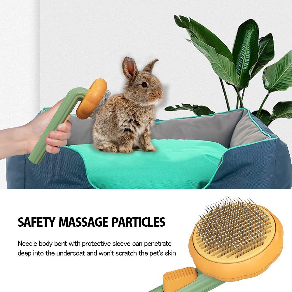 Pet grooming brush with safety massage particles, gentle combing tool shown near rabbit, protects skin while removing loose fur