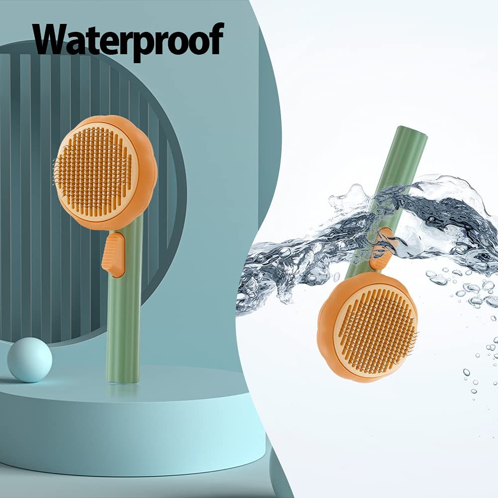 Waterproof pet grooming brush with self-cleaning button, durable design for cats and dogs, easy to wash under water