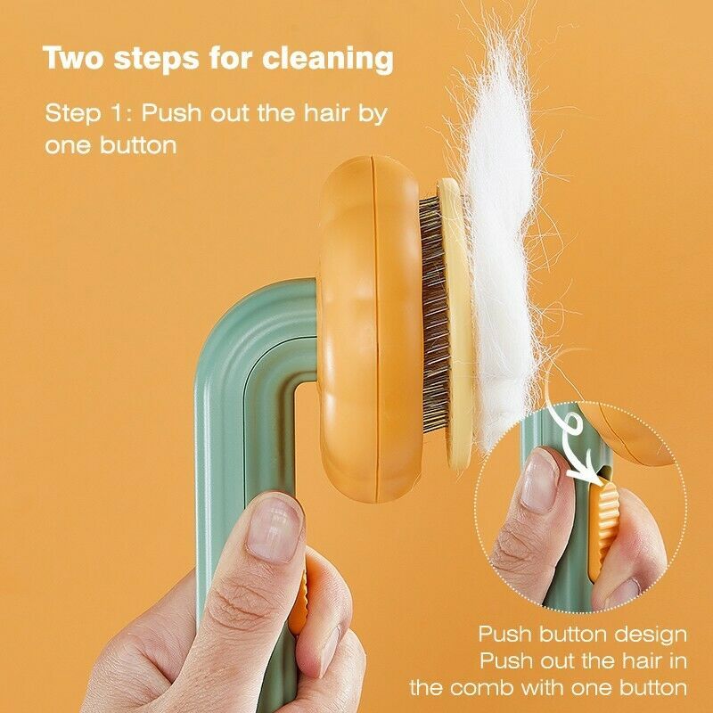 Self-cleaning pet grooming brush with push button design, easily removes collected hair from comb for cats and dogs