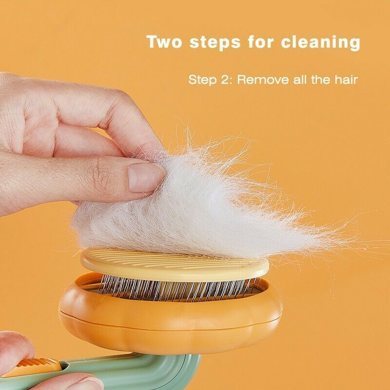 Pet grooming brush with self-cleaning button, removing collected pet hair easily from comb for cats and dogs