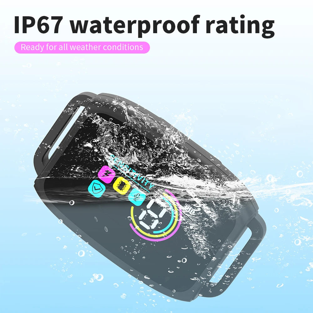Smart anti-bark dog collar with IP67 waterproof rating, shown under splashing water, durable and safe for all weather conditions