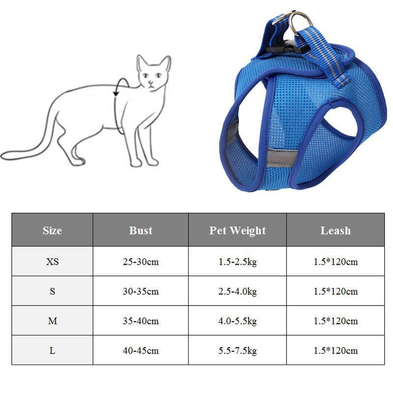 Size chart and measurements for DOTON cat harness – XS to L
