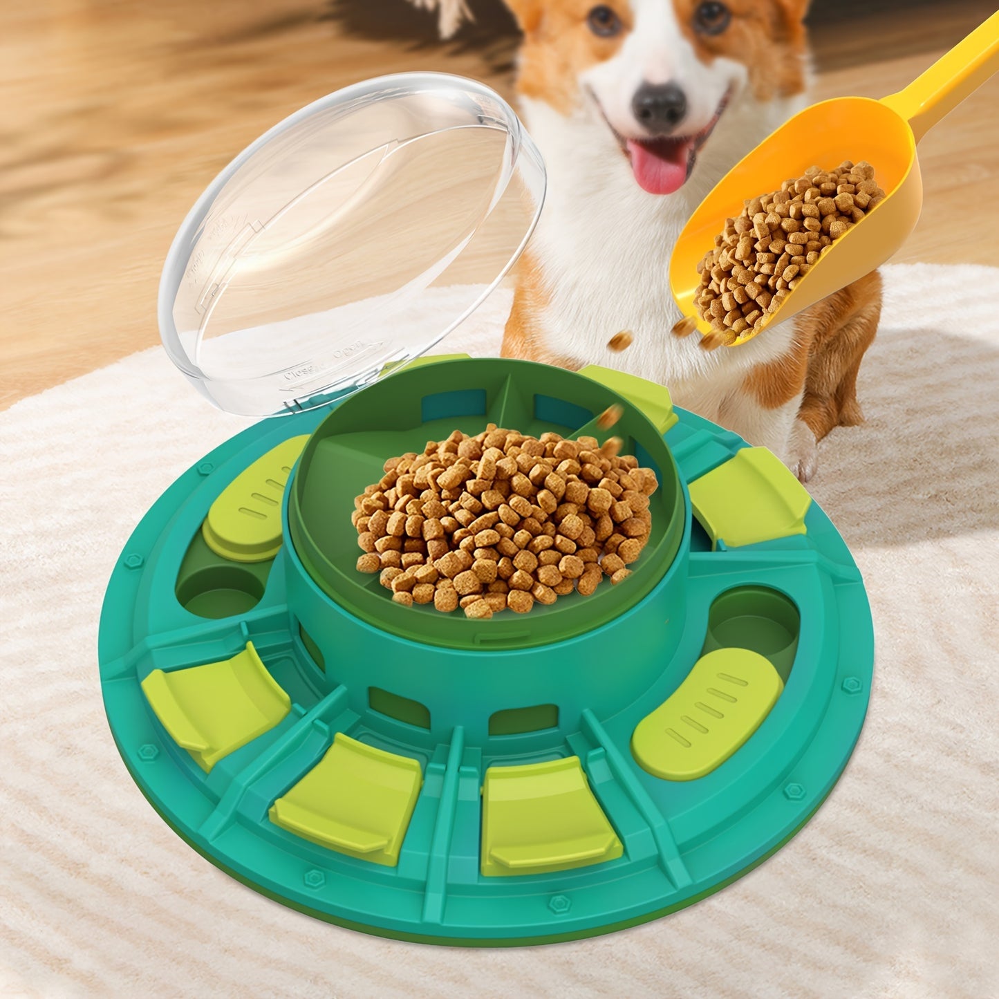 Happy corgi with green interactive slow feeder bowl – pet feeding toy being filled with kibble, promotes healthy eating habits and fun mealtime
