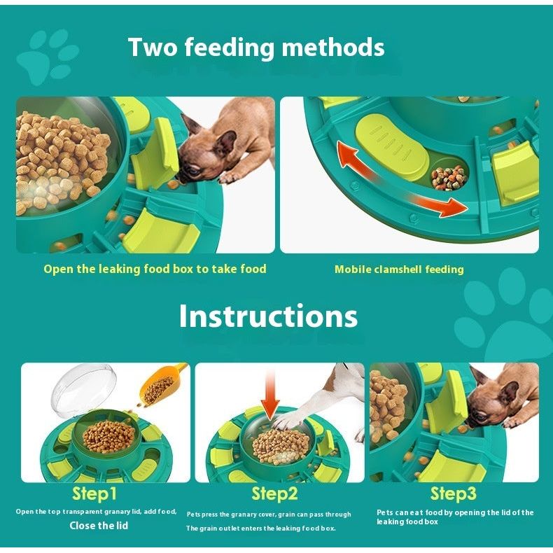 Instruction guide showing two feeding methods for interactive slow feeder bowl – educational pet food dispenser with step-by-step setup for dogs and cats