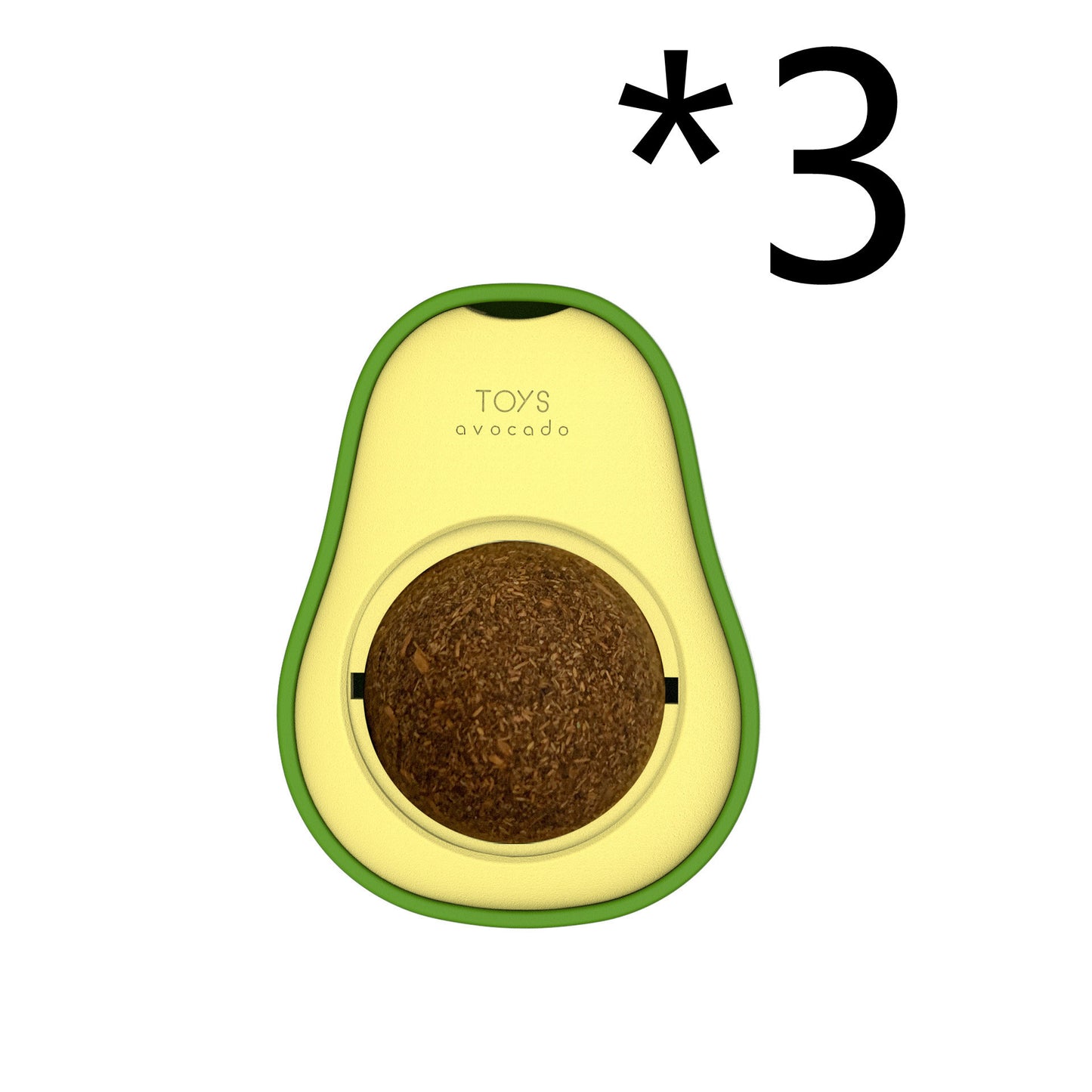 Interactive cat toy designed as a green avocado with a black and green catnip ball in the center, with a small orange kitten beside it.