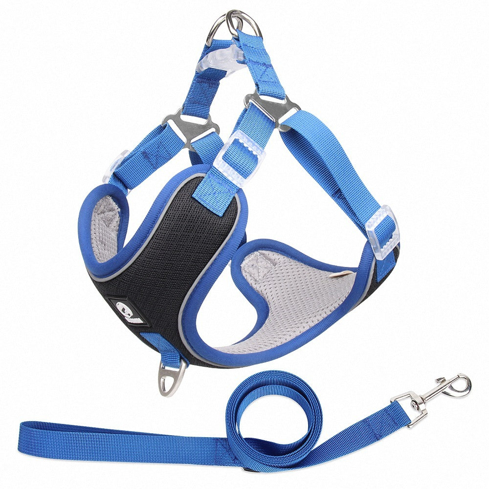 Adjustable blue no-pull dog harness with matching leash made of breathable mesh — comfortable and reflective for safe walks.