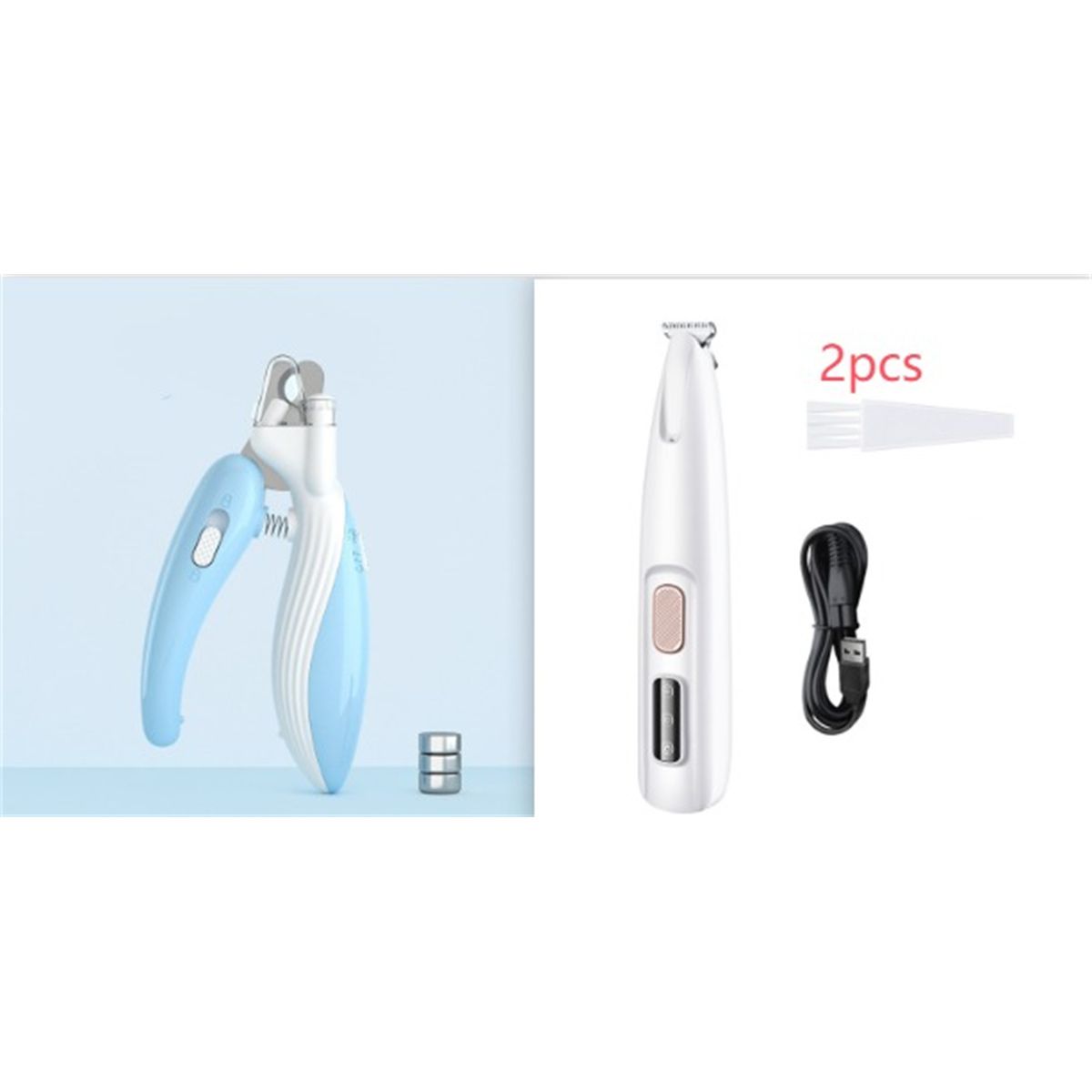 A pet paw trimmer with LED display, highlighted features such as LED auxiliary lighting, wide blade, and ability to trim multiple parts of the pet's body. The device is shown in a vertical position with a white color finish.