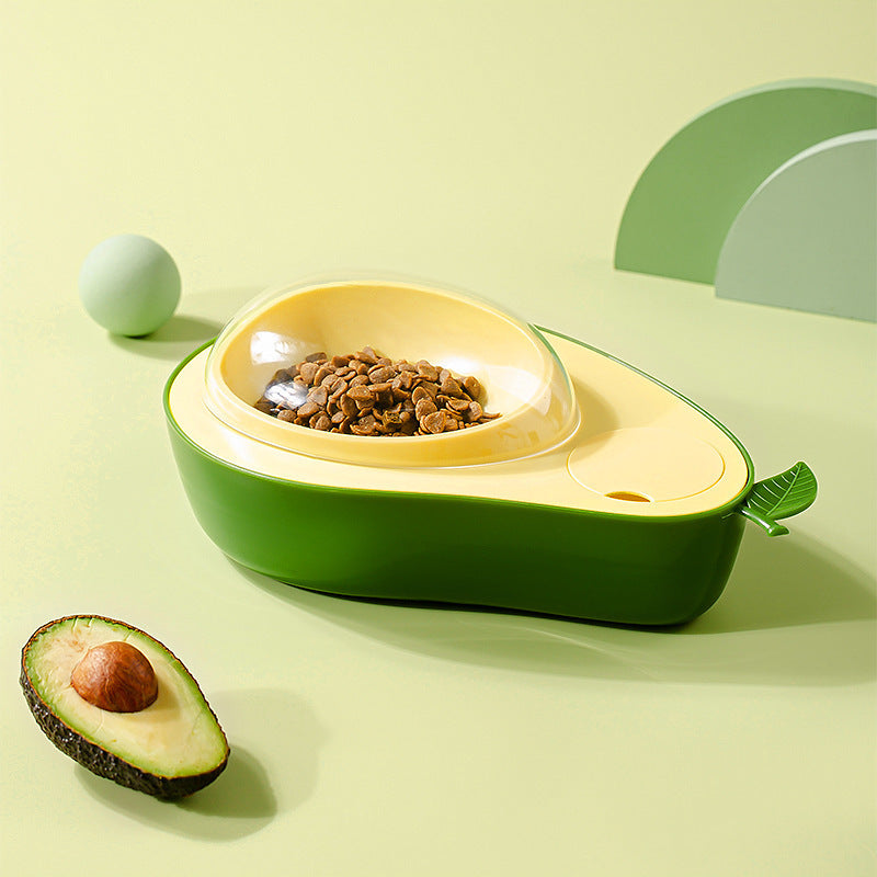Green avocado-shaped pet food and water bowl with transparent cover — 2-in-1 slow feeder for cats and dogs.
