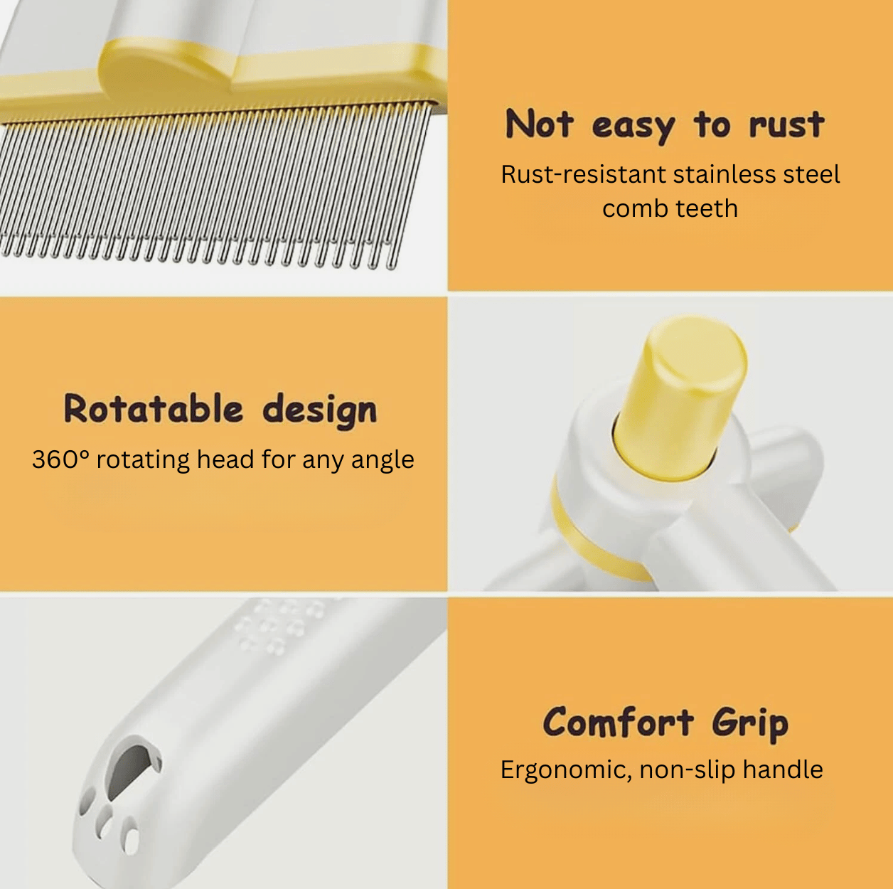 Close-up of fine stainless steel comb teeth on pet grooming brush for safe grooming