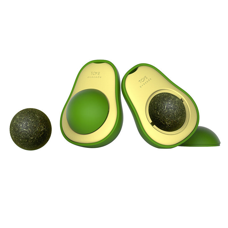 Avocado catnip ball toy for cats — open and closed view showing removable rotating mint ball for interactive play.