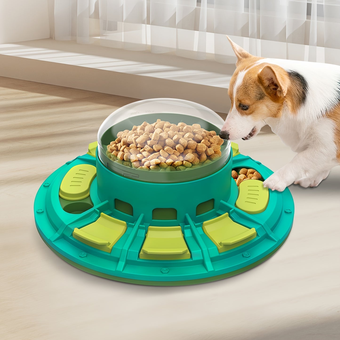Dog eating from interactive slow feeder bowl with puzzle design – green and yellow pet food dispenser that promotes healthy eating and mental stimulation