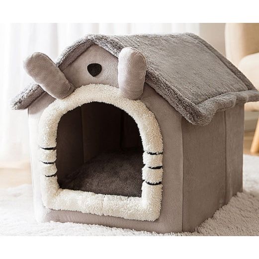 Gray plush indoor pet house with soft roof and cute ear-shaped details – cozy foldable bed for cats and small dogs.