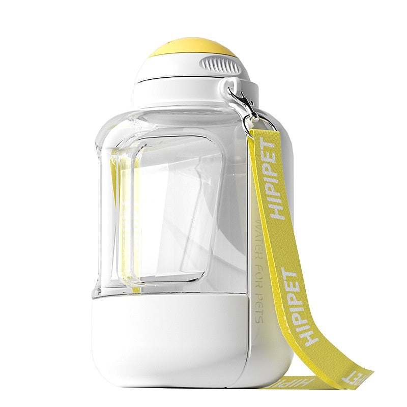 Clear water bottle with yellow strap and cap on a white background