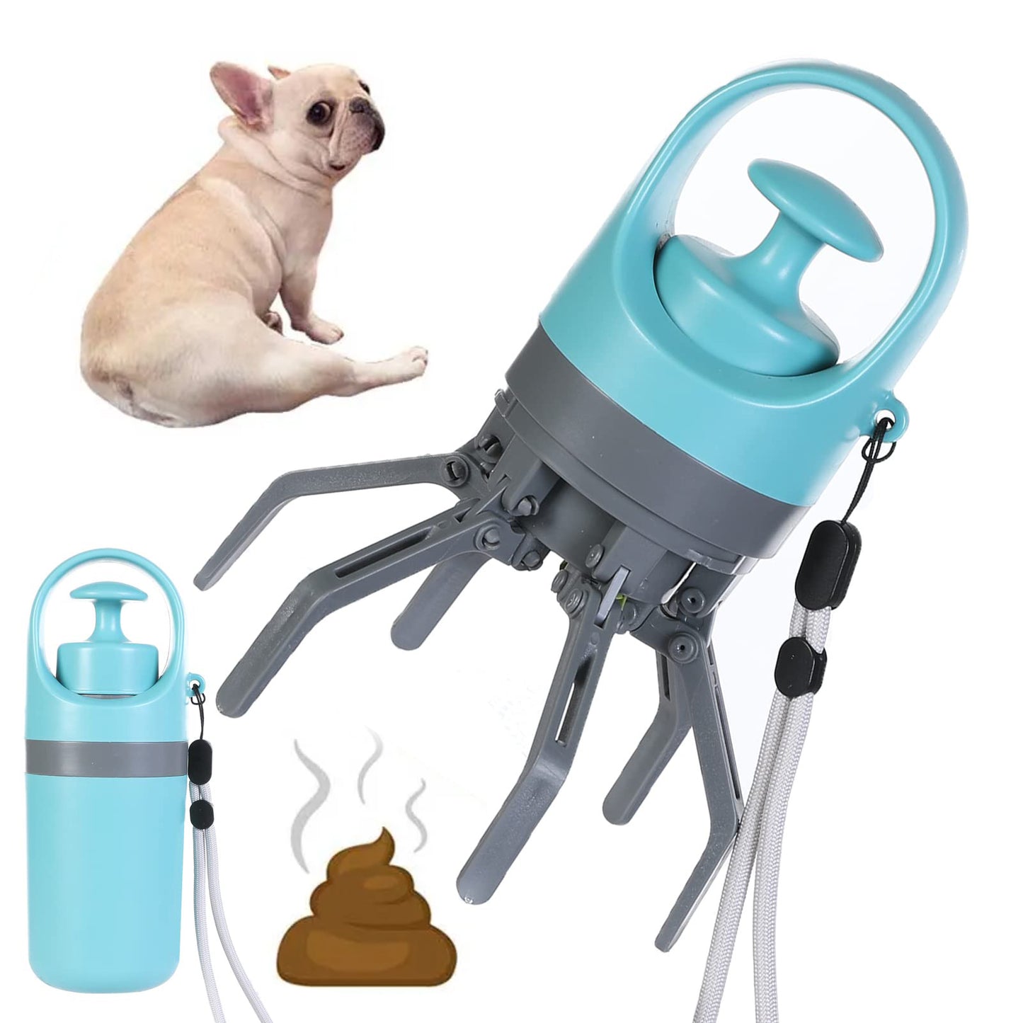 A blue and gray dog pooper scooper with multiple claws, a built-in bag dispenser, and an attached lanyard. An illustration of a dog and a piece of waste on the ground is also shown to depict the use of the product.