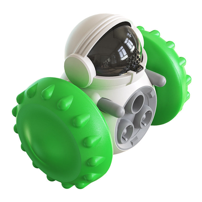 Green astronaut-shaped interactive treat dispenser toy for pets – rolling tumbler for cats and dogs that releases food when moved