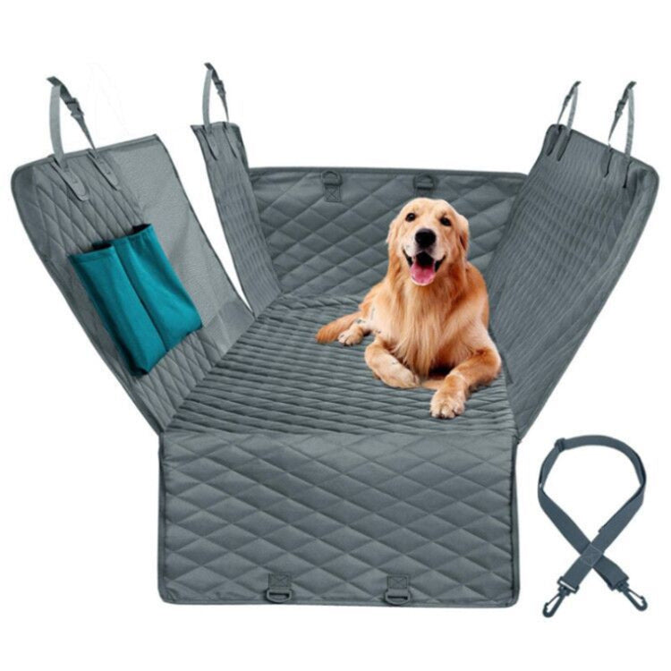A dog sitting on a waterproof and scratch-resistant car seat cover with a mesh window, attached to the back seat of a vehicle. An inset shows the safety belt attachment.