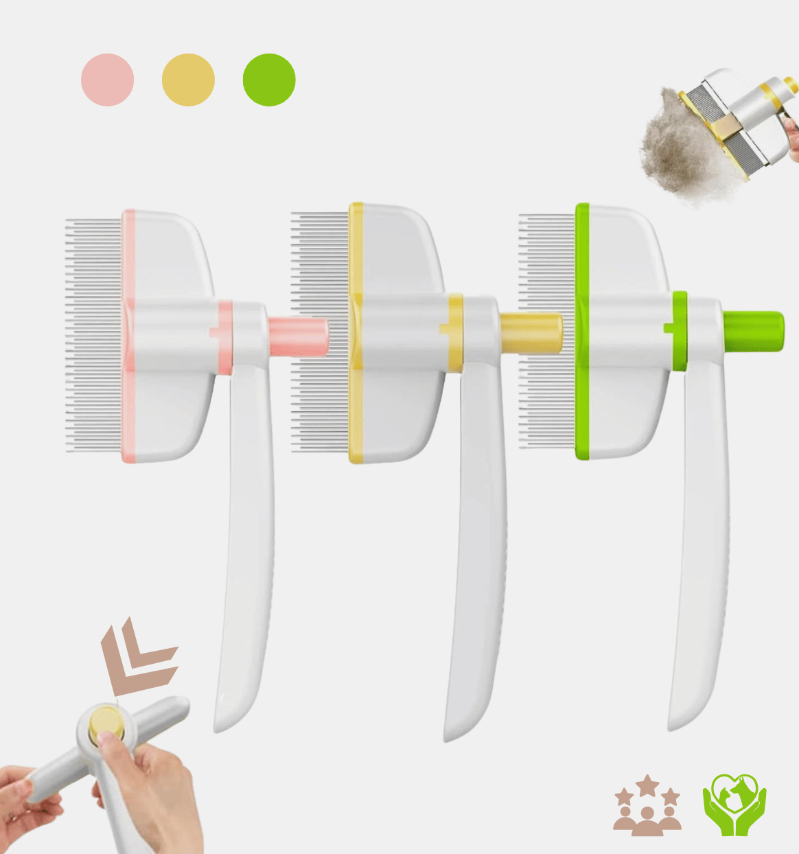 Pet grooming brush with rotating head in pink, yellow, and green for dogs and cats