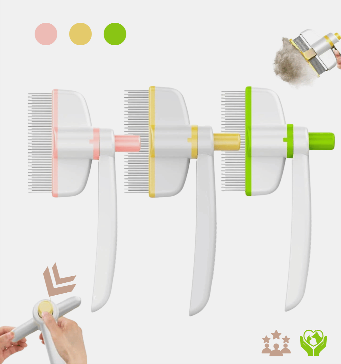 Self-cleaning pet grooming brush with rotating head – pink, yellow and green comb for removing loose hair from dogs and cats.