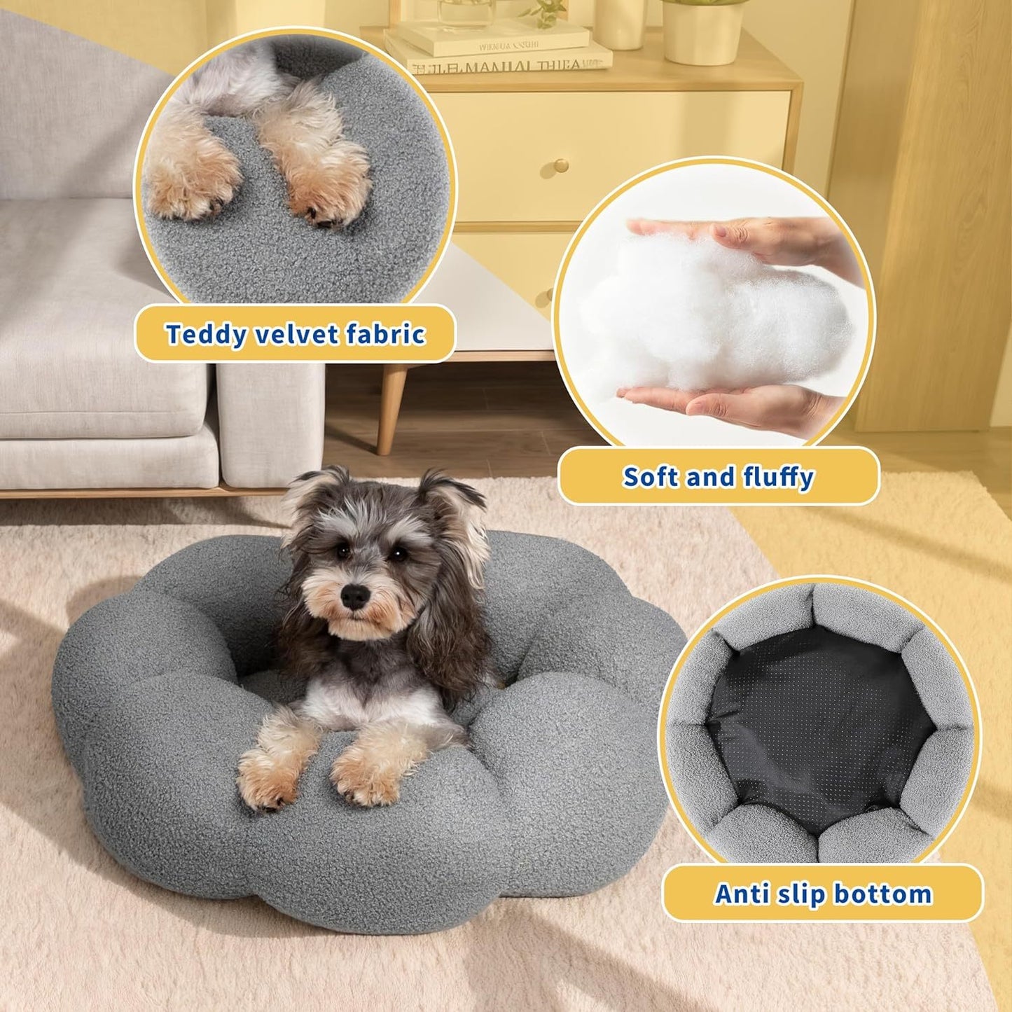 Fluffy Calming Pet Bed for Cats & Small Dogs – Round Flower Donut in Teddy Sherpa | Anti-Slip & Machine Washable