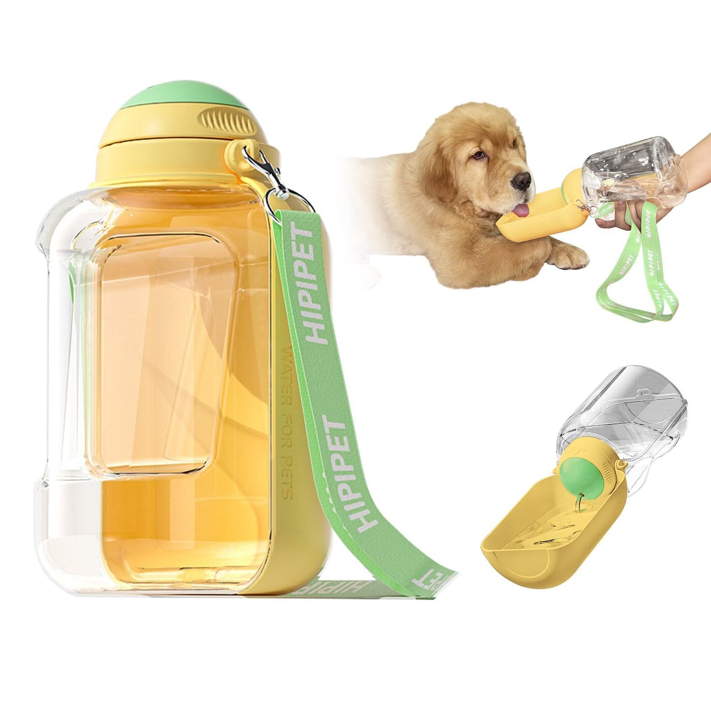 Yellow pet water bottle with green lid and strap, dog playing with toy, and small yellow container on a white background.