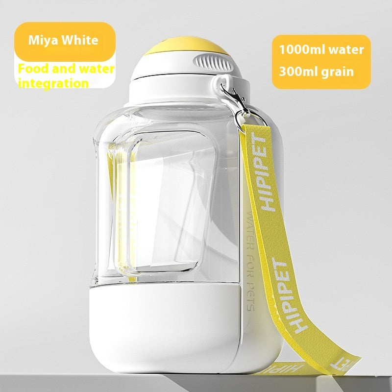 Clear pet water bottle with yellow strap and text on a white background
