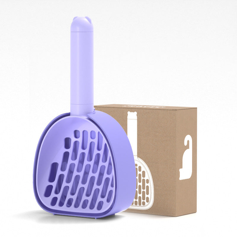 Purple cat litter scoop with slotted design shown next to packaging box, durable ABS plastic cleaning tool for cats