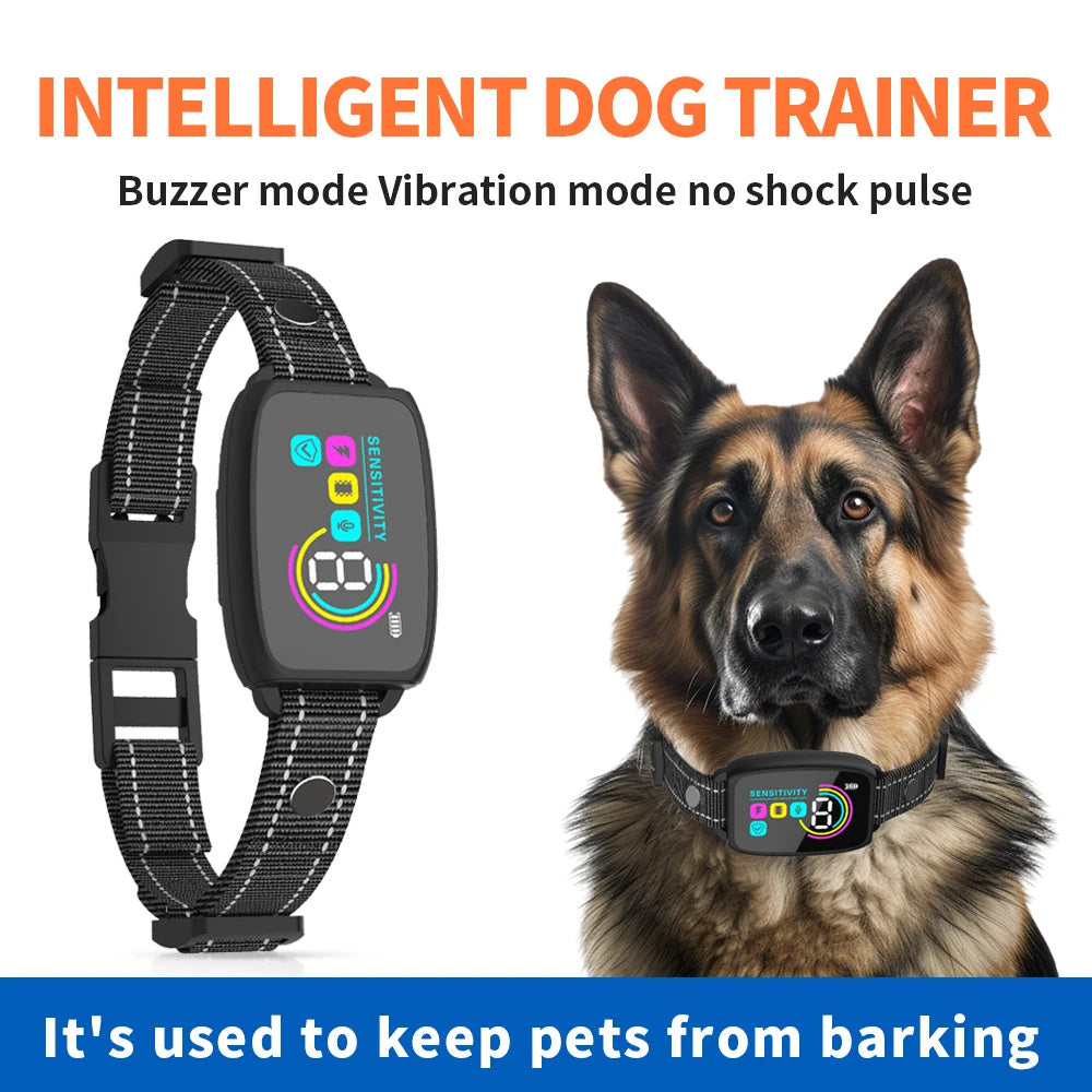 An image featuring a smart anti-bark dog collar with a LCD display shown on the left side, and a dog wearing the collar on the right side. The text on the image promotes the collar as a 'Smart Waterproof Rechargeable Training Tool for Dogs'.