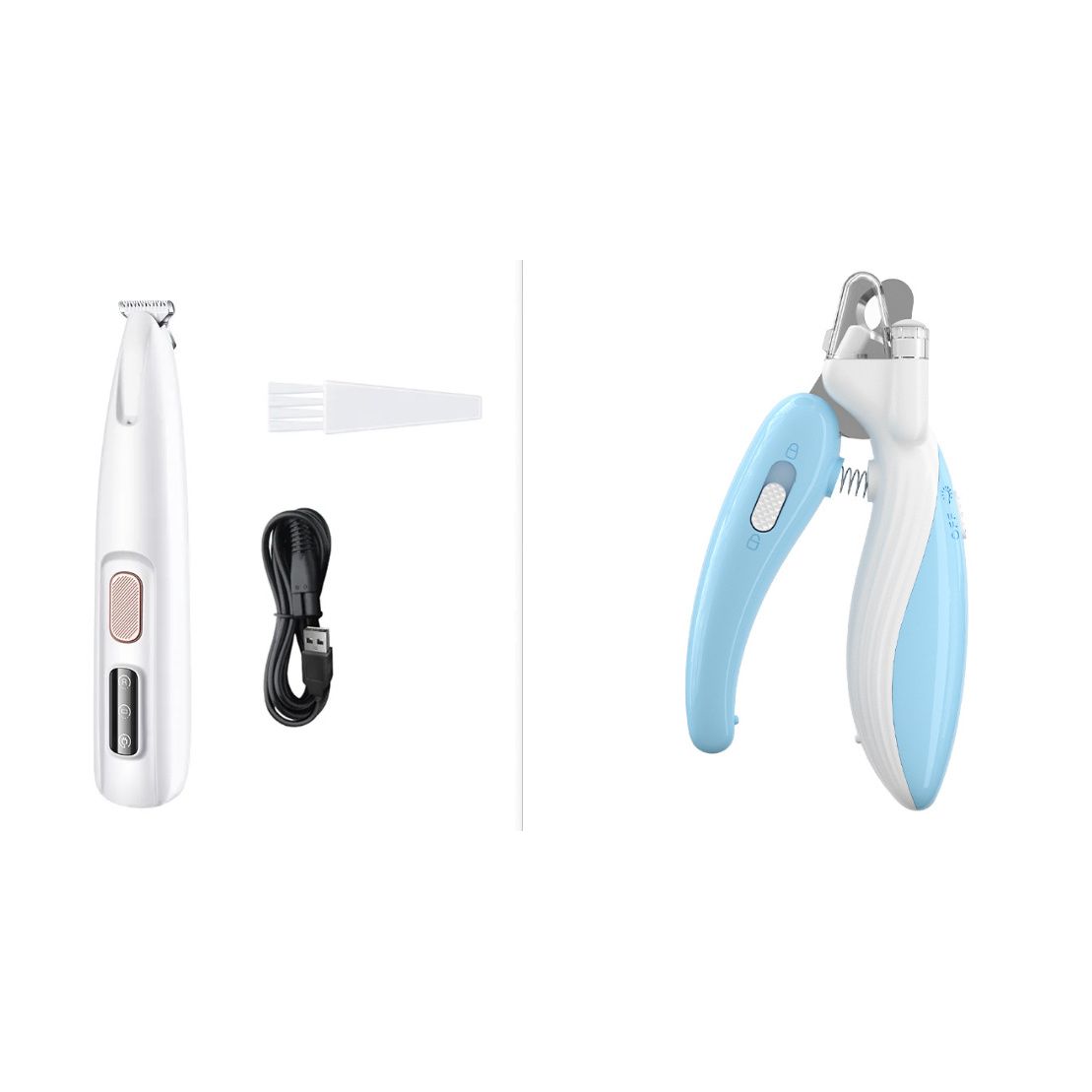 A pet paw trimmer with LED display, highlighted features such as LED auxiliary lighting, wide blade, and ability to trim multiple parts of the pet's body. The device is shown in a vertical position with a white color finish.