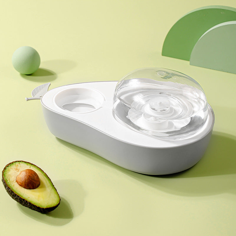 Gray avocado-shaped pet feeder with transparent water dispenser — 2-in-1 slow feeder bowl for cats and dogs.
