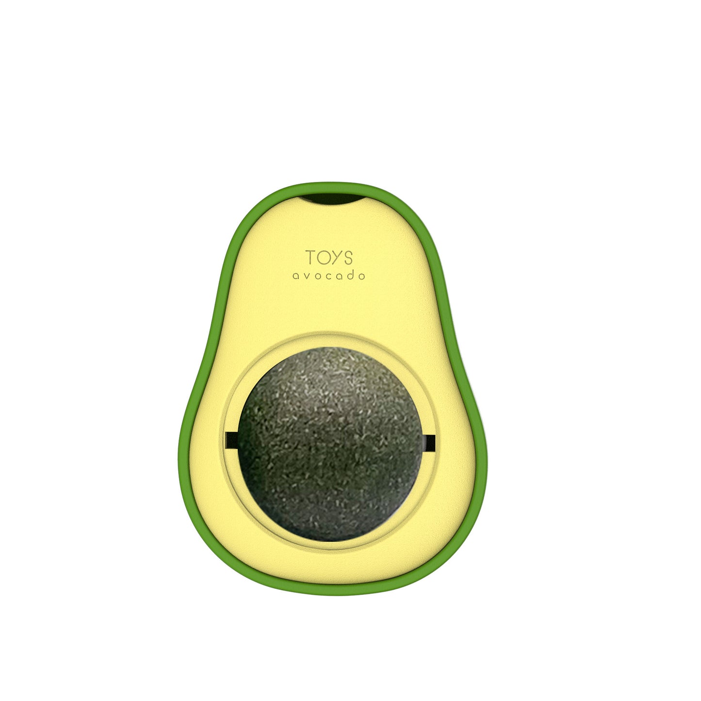 Interactive cat toy designed as a green avocado with a black and green catnip ball in the center, with a small orange kitten beside it.
