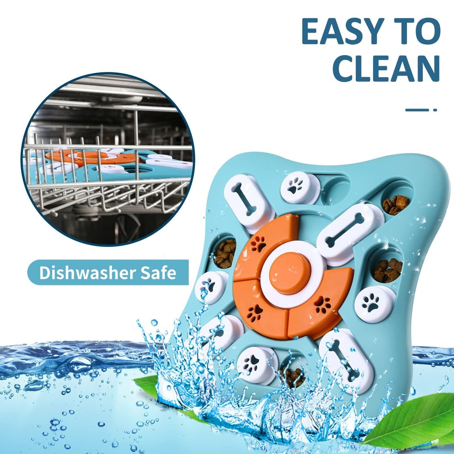Dog toy with dishwasher safe label and water splashing around it