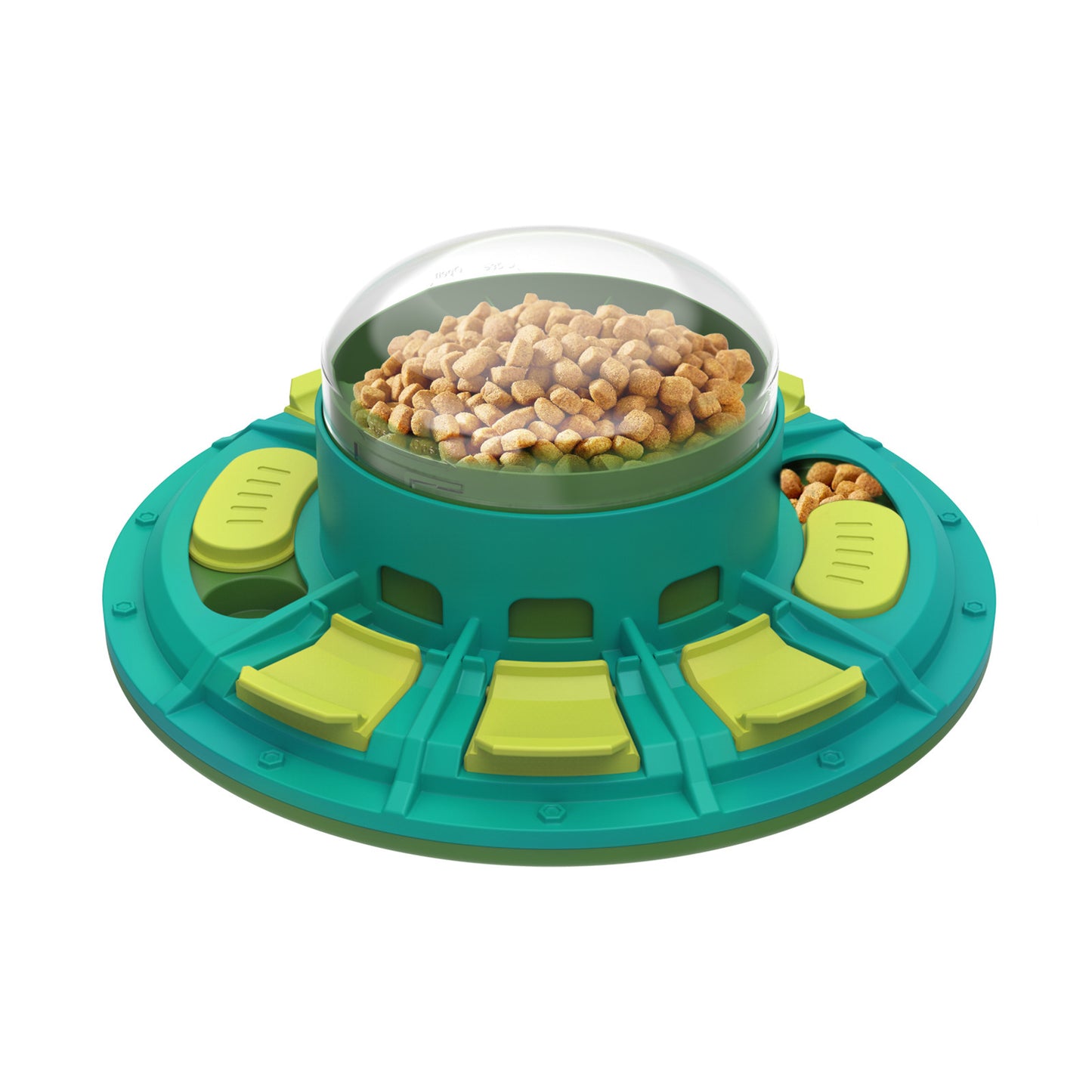 A dog interacting with a green interactive slow feeder bowl filled with dog food, designed like a puzzle toy.