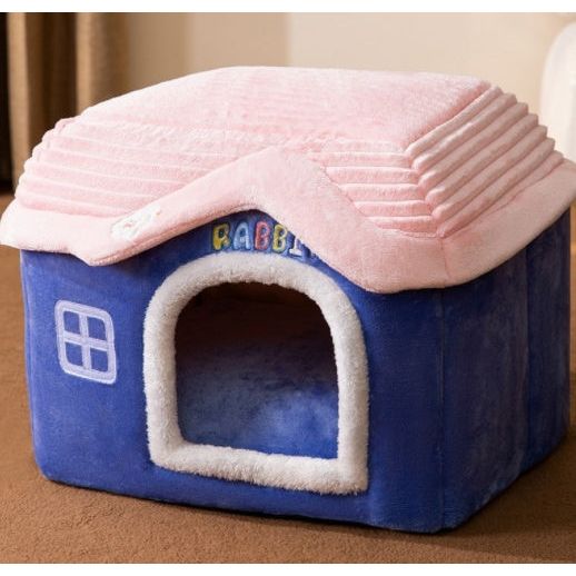 A collection of foldable pet houses in various colors and designs, with plush fabric and non-slip bottoms, designed for small to medium-sized pets.