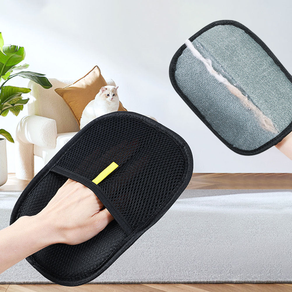 Pet grooming glove front and back view for removing hair from furniture