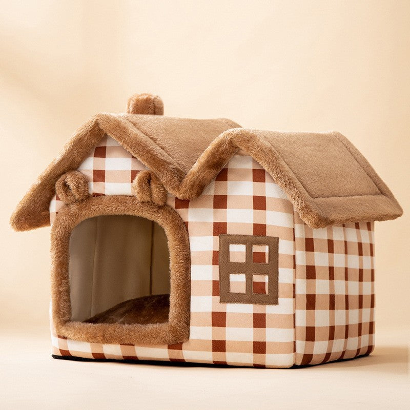 Brown checkered indoor pet house with plush trim and window design – cozy foldable bed for cats and small dogs.