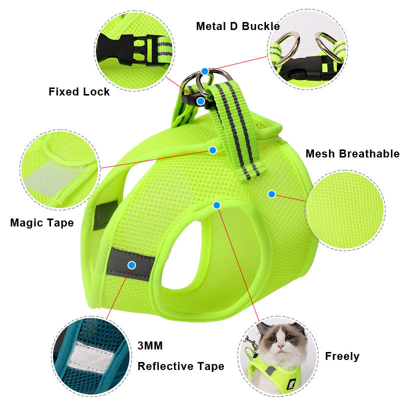 Product diagram highlighting DOTON cat harness features – magic tape, D-ring, mesh