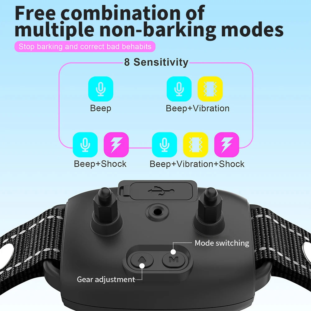 Smart anti-bark dog collar with adjustable sensitivity and multiple training modes including beep, vibration, shock, and combinations shown on diagram